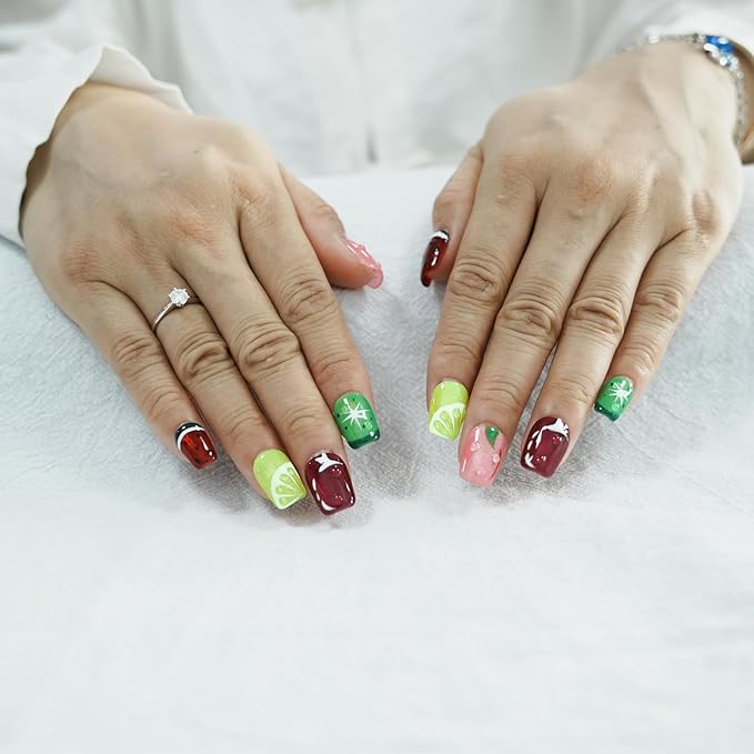 Glitter Press on Nails Short Coffin Summer Fruit Nails Cateyes with 3D Water Drop, Hand-painted Watermelon & Lemon Art, Reusable Acrylic Full Cover Fake Nails, 10pcs (Fruit Party,S)
