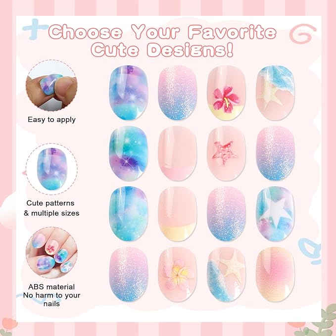 SIUSIO 3Pack Children Acrylic Fake Nails, 72pcs Press on Full Cover Glitter Gradient Color Short Almond False Nail Art Kits Set with Sticker Tabs Nail Glue Gel for Kids Little Girls - Summer Ocean