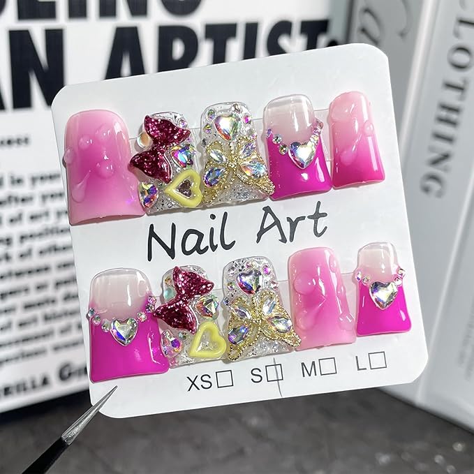 Luxury Medium Duck Press on Nails Handmade False Nails with Glitter Bow and Rhinestone Design Handmade Nail with Glue Muti-Layer Gel False Nails Butterfly Charms Thick Nails for Women (Size S)