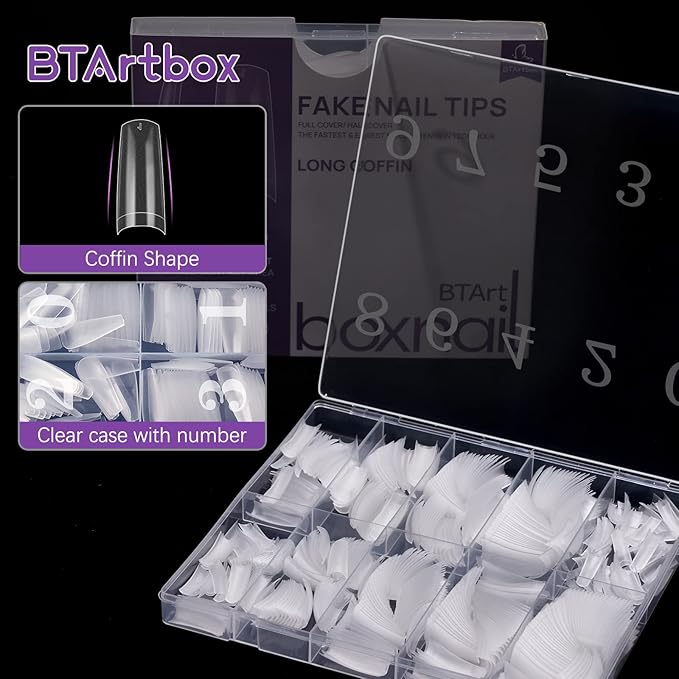 Clear Acrylic Nail Tips - BTArtbox 500pcs Pre-Buff Fake Nail Tips for Acrylic Nails Professional French False Nails with Case for Nail Salons and DIY Nail Art, 10 Size