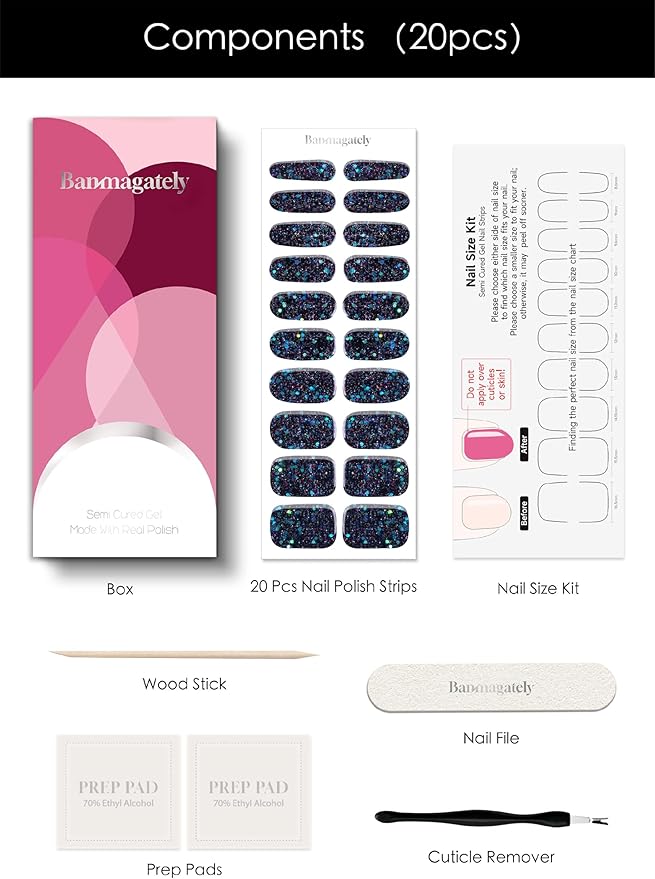 Semi Cured Gel Nail Strips, 20Pcs Long Lasting Salon Quality Wraps, Easy Apply & Remove Gel Nail Stickers with UV Light (Ember Glitz Black)