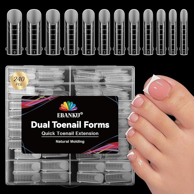 EBANKU Poly Gel Nail Forms for Toes, 240PCS Long Square Dual Forms for Pedi Nail Extension Poly Gel Toenails Reusable Toe Nail Tips Mold, 12 Sizes