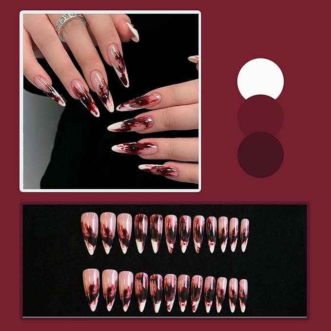 Halloween French Press on Nails, Long Stilettos Fake Nail, Glossy Acrylic False Nails, Stick on Nails with Blood Stains Designs, Glue on Nails for Women and Girls 24Pcs
