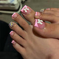 Pink French Tip Press On Toenails Short Square Fake Toes with 3D Bow Charms Design Rhinestone Glue on Toe Nails Shiny Bling Summer False Toenails Reusable for Women Girls Foot Manicure 24pcs