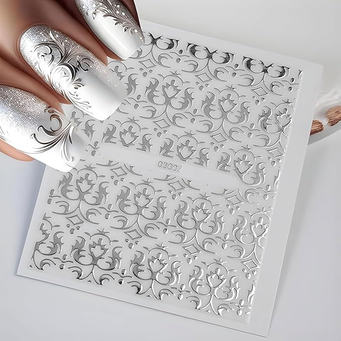 30 Sheets Silvery Stickers 3D Self-Adhesive Lace Nail Decals Retro Flower Designs Nail Supplies Acrylic Nail Decoration DIY Nails Art Accessories for Women