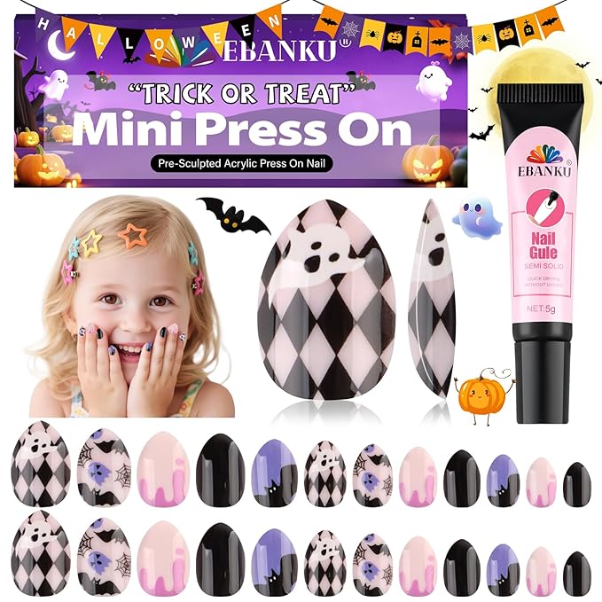 24 Pieces Press on Nail Kid, EBANKU Halloween Mini Glue on Nail Almond Cute Design Acrylic Nails with Nail Glue for Girls 7-12 Years