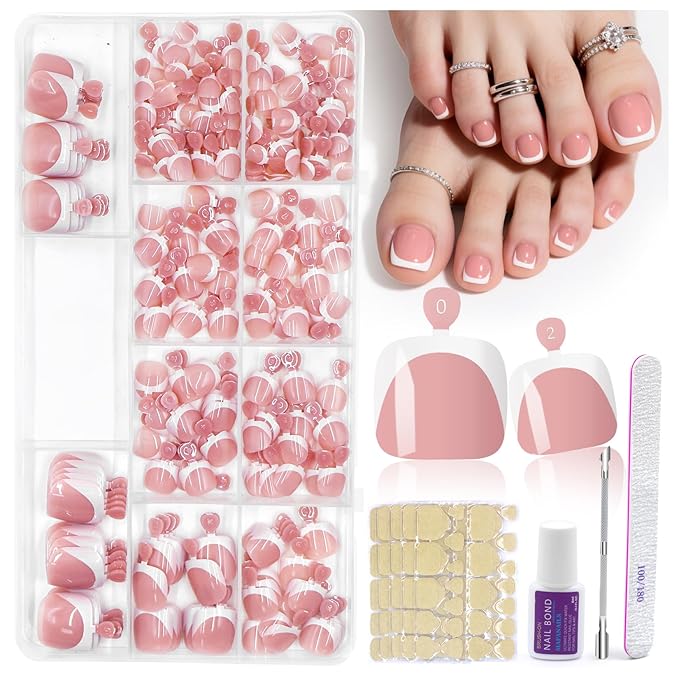 Toe Press On Nails Set,240PCS Short Square False Toenails Kit, Nude French Tip Stick On Toenails Glossy Full Cover Acrylic False Toe Nails For Women Girls Nail Art DIY Gift