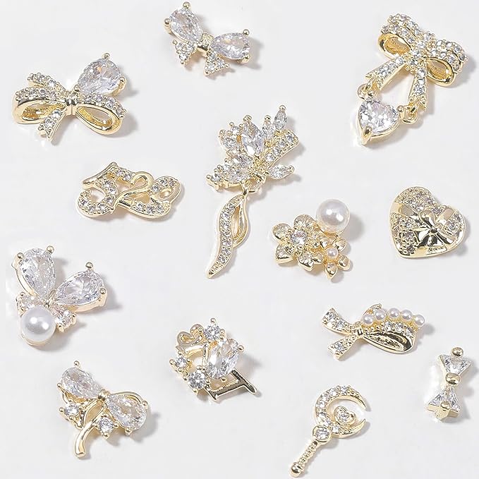 HNUIX Nail Charms and Gems - Gold Copper Zircon, Multiple Shapes 3D Dangle, Metal Luxury Jewelry Rhinestones for Nails 14 Pieces