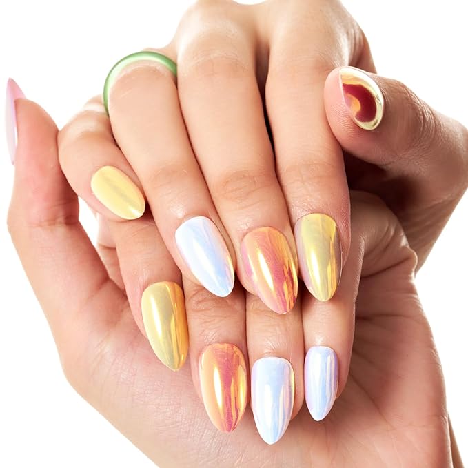 GLAMERMAID Light Pink Purple Press On Nails Short Almond, Bright Chrome Glazed Handmade Soft Jelly Gel Fake Nails, Mirror Grey Round Oval Stick Glue on Nail Kit for Women, Reusable Acrylic False Nail