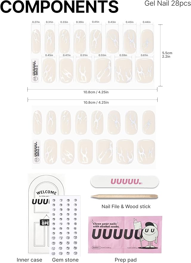 UUUUUU Semi Cured Gel Nail Strips | Salon-Quality | UV Free Gel Nail Wraps for Women | Easy Peel&Stick | Long-Lasting up to 14 Days | 28 Strips Set+File & Wipes | Gift-Ready(UGN148 Sassy)