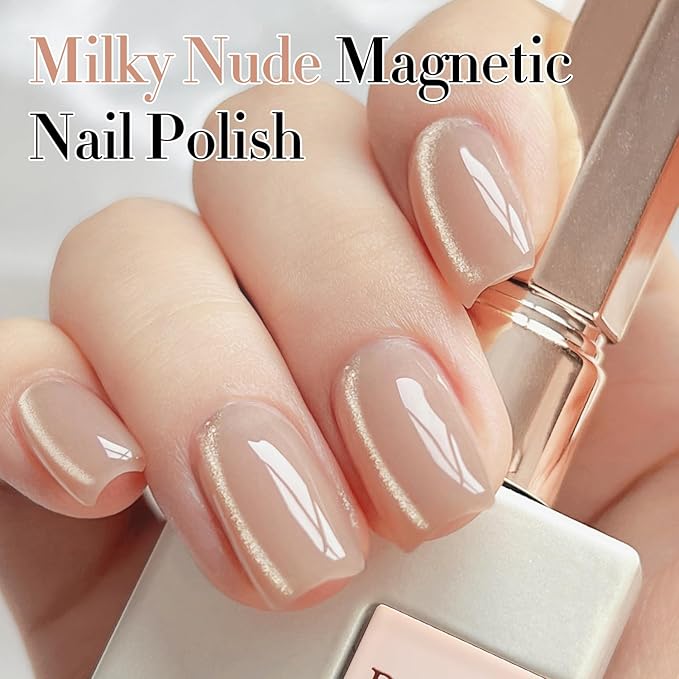 Double Rhythm Cat Eye Gel Polish with Magnet 15ML Ice Glass Holographic Glitter Shimmer Translucent Sheer Color Salon Soak Off Magnetic at Home (Milky Nude-MC1121)