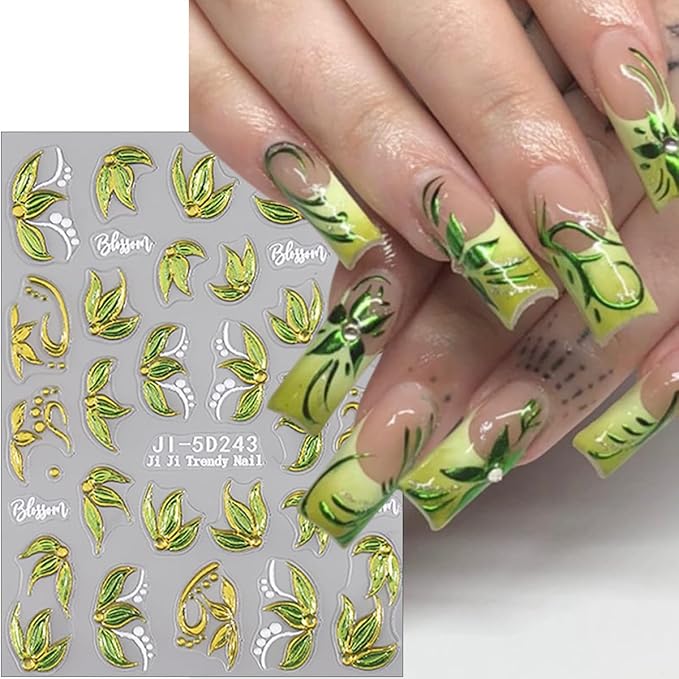 2Sheets Spring Nail Stickers 5D Embossed Green Camellia Flower Nail Decals Self-Adhesive Green Leaf Nail Art Stickers Spring Summer Bronzing Flower Cute Nail Design Supplies for Women DIY Manicure
