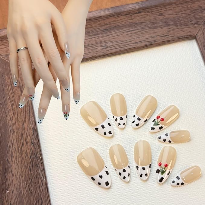 Almond Press On Nails Medium Fake Nails Handmade False Nails Nude Color Nail Charms, Zebra French Tip Acrylic Nail Kit Gel Nails,Reusable Stick on Nails for Women 10pcs M