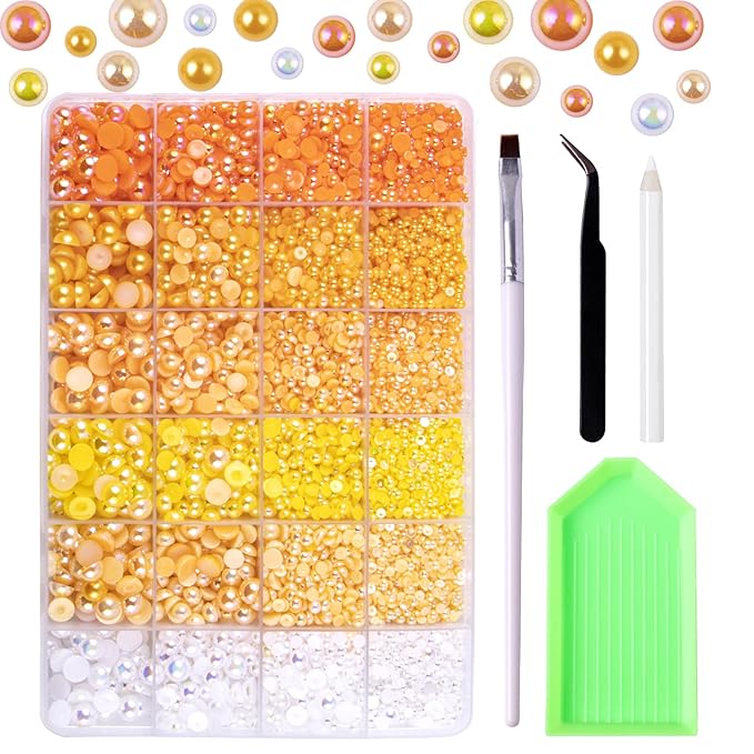 9960pcs Yellow Pearls Rhinestones, Flatback Half Pearls for Crafts Tumblers Shoes Nails Face Art, Assorted Sizes 3/4/6/8mm