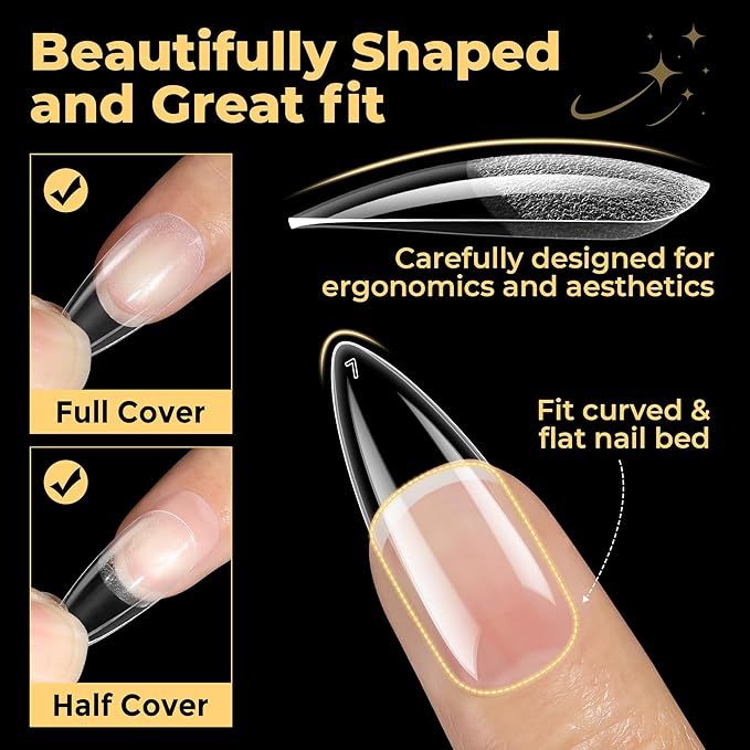 UNA GELLA Medium Stiletto Gel Nail Tips 600Pcs, Medium Stiletto Press on Nails Almond Shape Pre Etched Full Cover Soft Gel Nails Tips for Nail Extensions DIY Art Salon 12 Sizes at Home