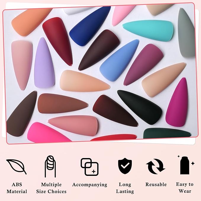 LoveOurHome 576pc Matte Stiletto Press on Nails Long Pointy Fake Nail Tips Full Cover Artificial Fingernails Colored False Nail Halloween Acrylic Nail Artificial Manicure 24 Colors for Women Girls