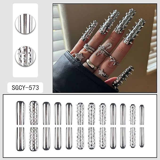 24Pcs Extra long Press on Nails Square Fake Nails Metal Silver Plating Full Cover Acrylic False Nails with Designs DIY Xl Glossy Artificial Stick on Nails for Women