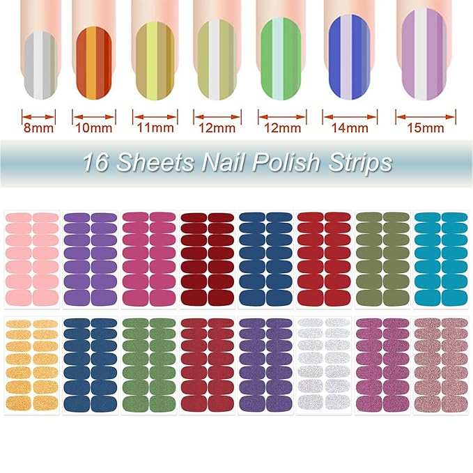 DANNEASY 16 Sheets Glitter Solid Color Nail Polish Strips Self Adhesive Nail Stickers Full Nail Wraps Nail Strips for Women Nail Art with 1pc Nail File, Cuticle Stick (Mix Color)
