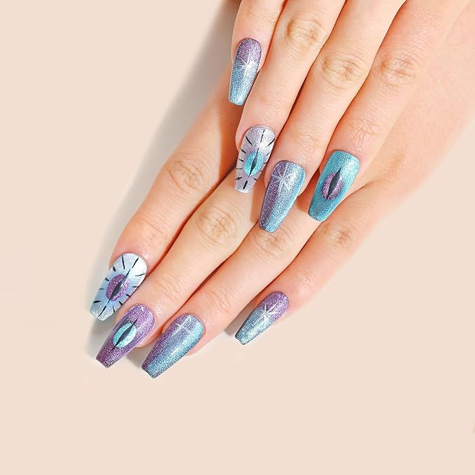 Sun&Beam Nails Handmade Press-on Medium Long Coffin Ballerina Purple Silver Blue Hand-painted Magnet Cool Design Fashionable False Nail Tips 10 Pcs Set (#144 L?
