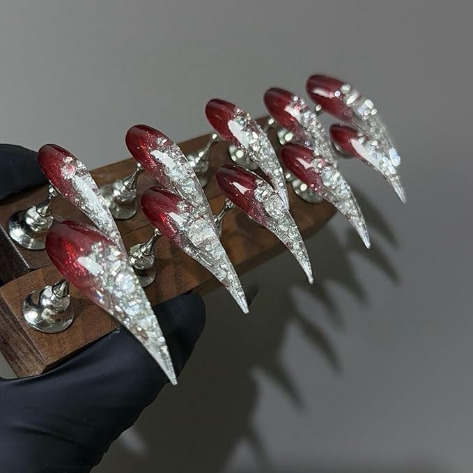 Luxury Eagle Claw Press on Nails,10 Pcs 3D Silver Glitter Dragon Claw Art Long Curved Reusable Stiletto Press on Nails Full Cover Size Xs
