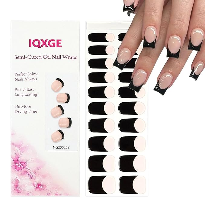 20Pcs Nude Semi Cured Gel Nail Strips Black French Tip Gel Nail Stickers Self Adhesive Polish Cover Nails Wraps UV/LED Light Needed Glossy Nails Polish Strips for Women
