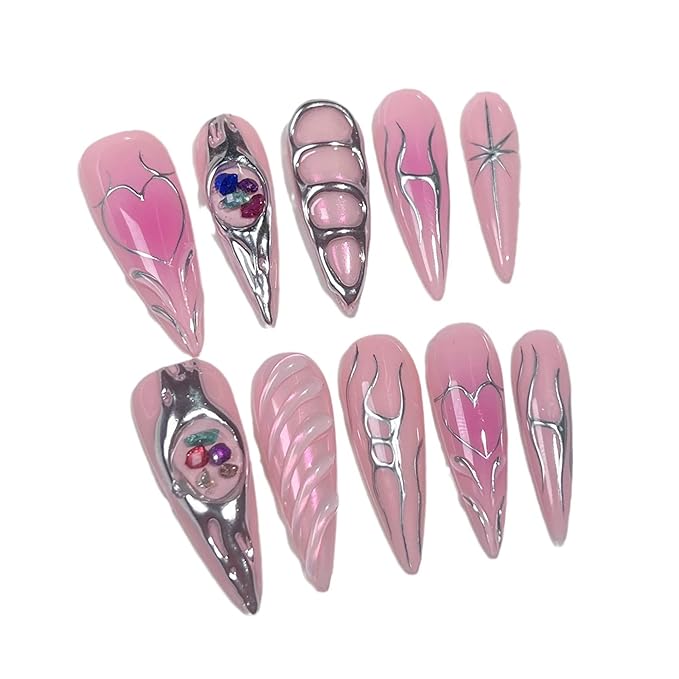 10Pcs Long Press on Nails Handmade Luxury Reusable Fake Nails Pink Almond Ombre False Nails with 3D Design Acrylic Gel Nails Full Cover Stick on Nail for Women (Size M)