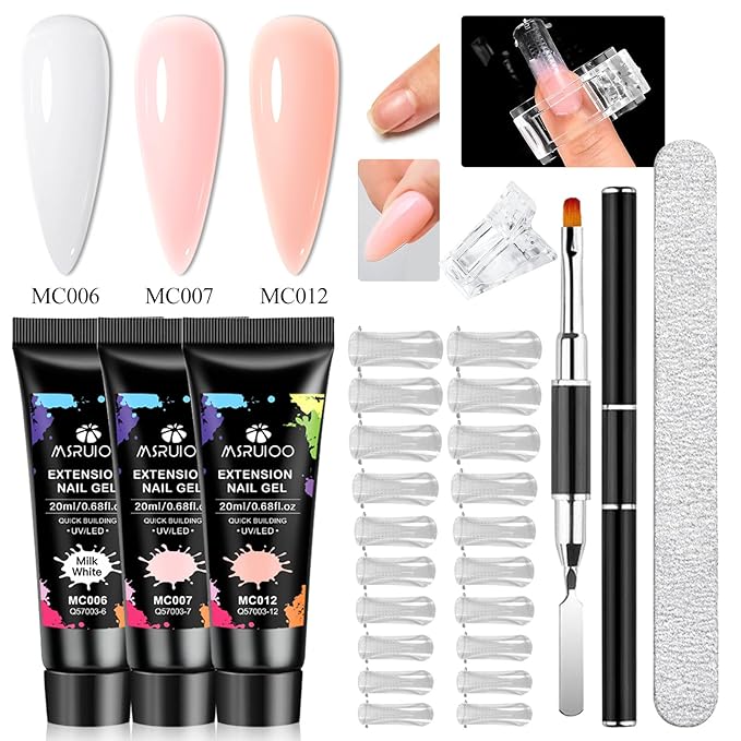 Poly Extension Gel Nail Kit, White Nude Pink Builder Enhancement Nail Gel with Dual-Ended Brush, Nail Dual Forms for Polygel Nail Art Salon DIY at Home Beginner Kit