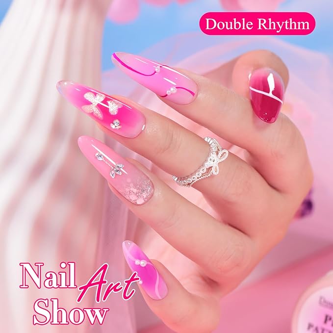Double Rhythm Painting Gel Polish Set for Nail Art Palette Patting Gel Polish 6 Colors with 100 Pcs Sponges and Grabbing Pen (Pink Rose Purple-T6-67)