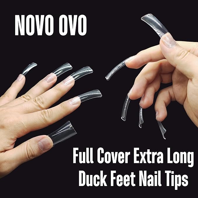 NOVO OVO 120 pcs Extra Long Duck Nail Tips Full Cover for Acrylic, Clear XL XXL Flare Feet Nails Press On, Y2K Vibe Wide French Soft Gel False Nail Extension for Art Salon x 12 Sizes in Box