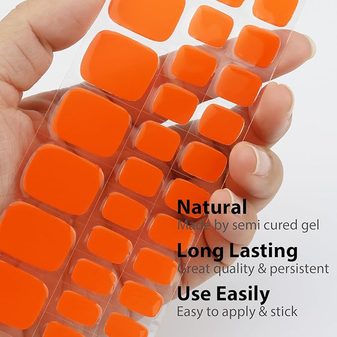 34 Pcs Semi Cured Gel Toe Nail Strips Orange Gel Nail Stickers Full Cover Orange Nails Wraps Self Adhesive Toe Nails Polish Strips Stickers for Women UV/LED Light Required