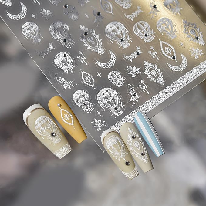 Lace Nail Stickers Hot Air Balloon Nail Designs with Rhinestones Self-Adhesive Flower Nail Decals 5D Embossed White Frame Sticker Manicure Accessories for Women Girls DIY Acrylic Nails 1 Sheet