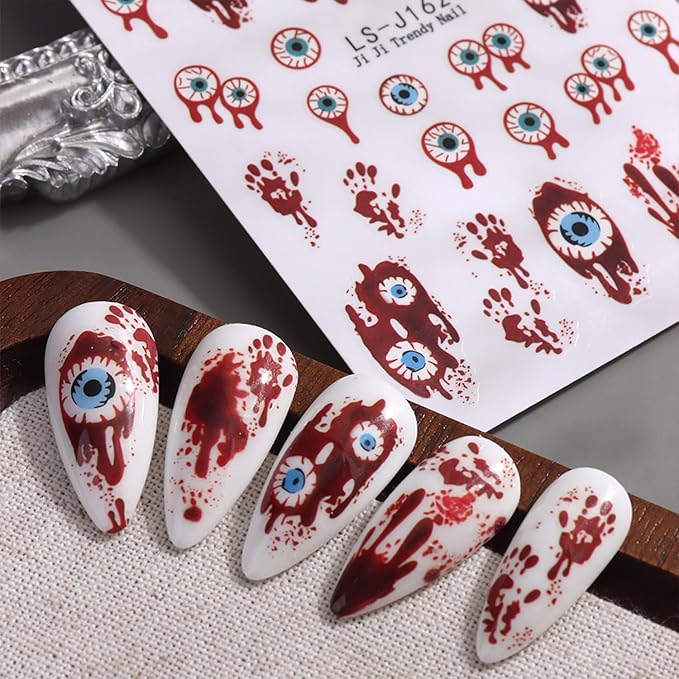 8 Sheets Halloween Nail Art Stickers Decals Evil Eye Nails Stickers Cute Ghost Pumpkin Nails Decal Self-Adhesive Blood Drop Nails Art Decals for Women Halloween Decor