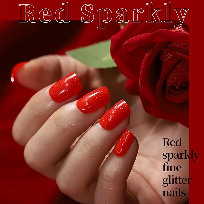 FANDAMEI Red Press on Nails, 6 Colors Cat Eye Press On Nails Short Square, Glossy Red Cat Eye Nails for Women Salon Quality, Natural Fit Fake Nails Fine Diamond Shine, Glitter Nails Kit for Festival