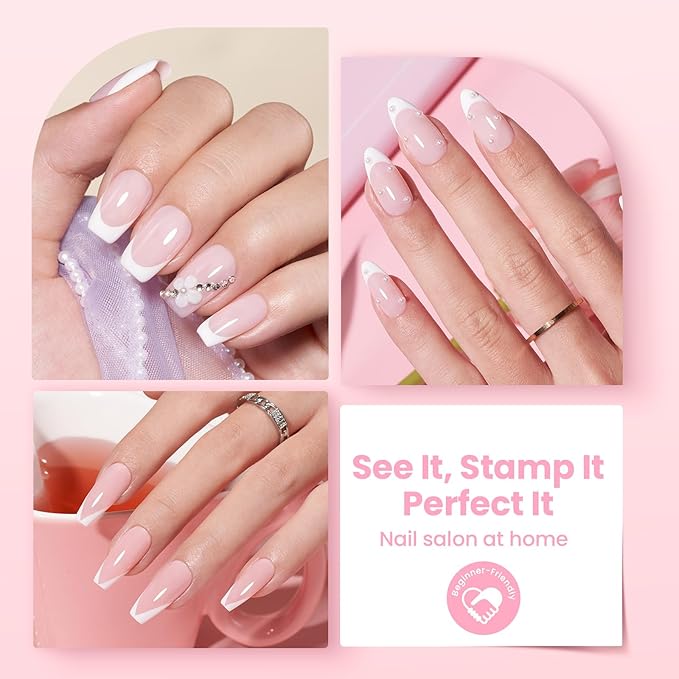 Beetles French Tip Tool Nail Stamp 6Pcs Silicone French Tips Stamp Kit with Replacement Stamper Heads and Scrapers Silicone Nail Art Printing Stuff for Home DIY Salon Manicure Tools Gifts for Girls