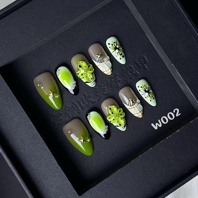 100% 5D Handmade Press on Nails Medium Almond Nails Press ons- Ocean Seashell False Nails Ombre Green Press on Nails Summer Fake Nails for Women Girls Daily Wear DIY Manicure Size L