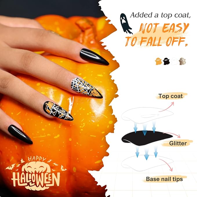 Morily Halloween Press on Nails 24Pcs Black Stiletto Fake Nails Medium Length with Pumpkin Spider Web Design Acrylic Artificial Glossy Almond Stick on False Nails for Women (Black Cobweb Gold Glitter)