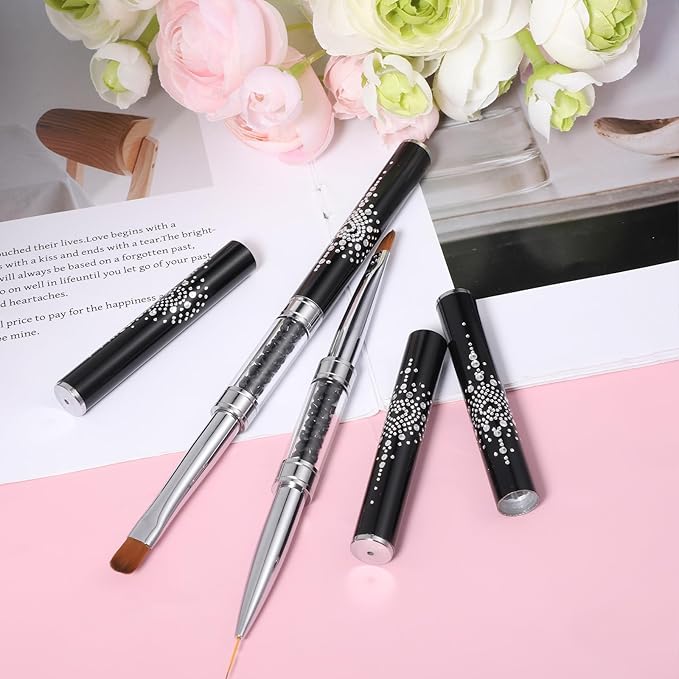 2 Pcs Nail Builder Gel Brush Double Ended, French Tip Liner Brush Black Nail Design Brushs with Rhinestone Handle Nails Drawing Brushes Nail-Liner Brushes for Design UV Hard Gel Nails