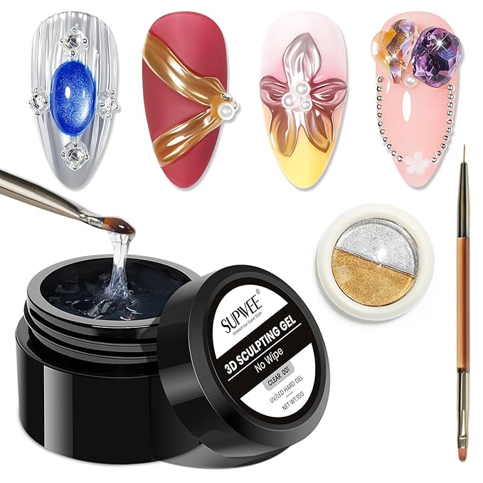 3D Sculpting Gel for Nail Art Chrome Powder No Wipe , Clear Semi-solid Modeling Carving Structure Nail Gel Suitable for Sticking Rhinestones and Painting