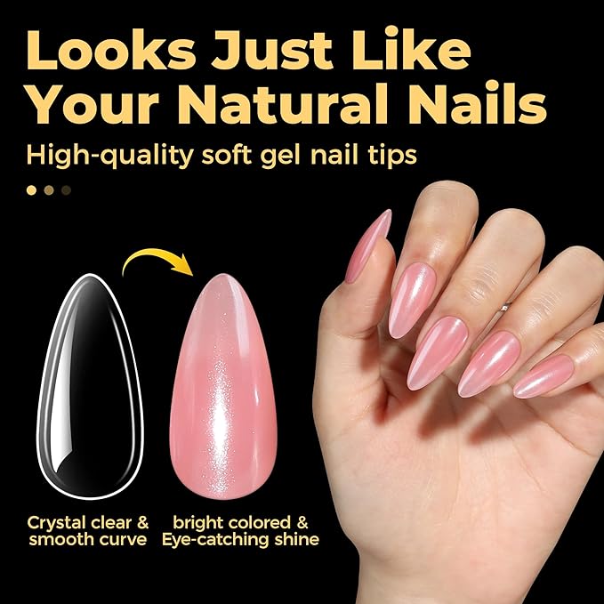 UNA GELLA Almond Fake Gel Nail Tips, 216pcs Medium Almond Pre Shaped Nails Tips for Long-Lasting Acrylic Nails, Perfect for DIY At Home French Style Nail Salon 12 Sizes