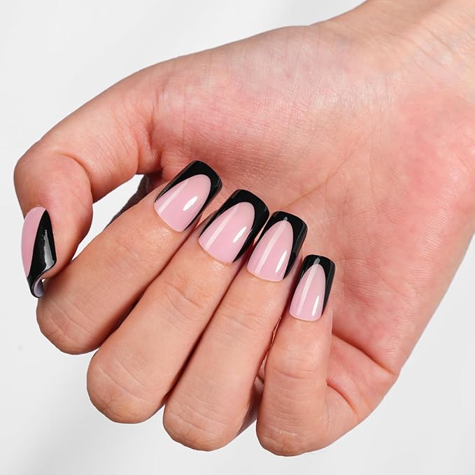 Vansiho Pink Black Deep French Gel Nail Tips, Short Square Soft Gel Nail Tips, French Tips Press on Nails, 150 Pcs Box of DIY False Nails, 15 Sizes