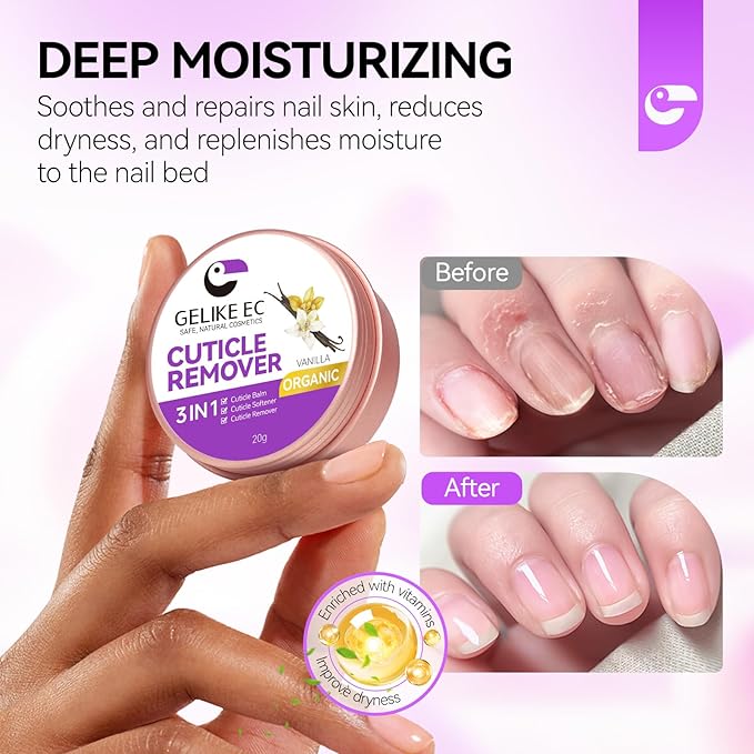 Gelike EC Cuticle Remover Cream Softener - Vanilla Scented Nail Care for Beginners - Easy-to-Use Cuticle Eraser - Gently Softens Rough Skin Around Nails