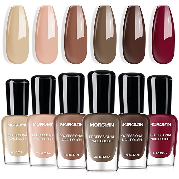 Morovan Brown Nail Polish Set: Winter Nude Dark Chocolate Nail Polish Kit Regular Air Quick Dry Autumn Fingernail Polish Pack for Women Nail Art Christmas Gift Holiday Party