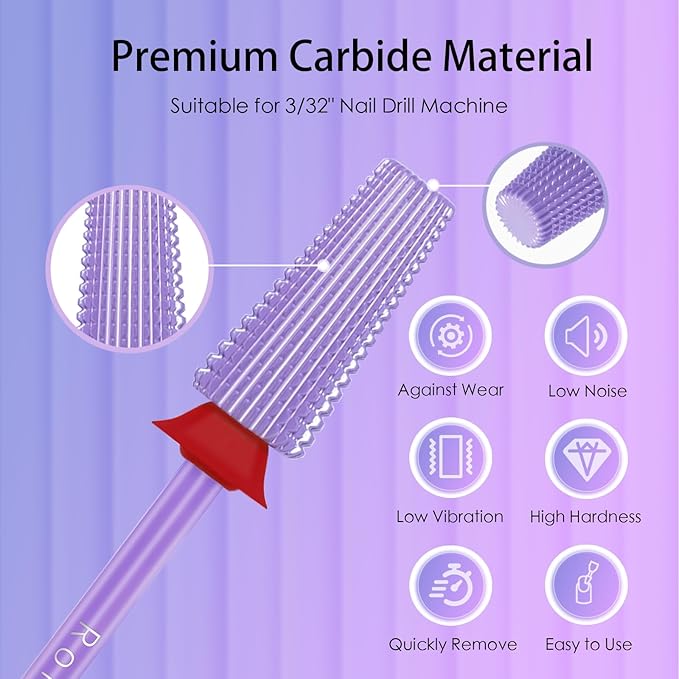 5 in 1 Nail Drill Bit, 3/32'' Professional Carbide Tungsten Drill Bit Nail Tech, Two Way Rotate Cuticle Gel Remover Drill Bit for Manicure Pedicure Acrylic Nail Poshling(Purple, Fine-F)