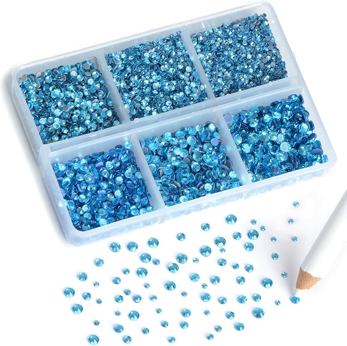 8000pcs Hotfix Rhinestones Flatback,Rhinestones for Crafts Clothes Mixed 6 Sizes, Hotfix Crystals with Wax Pencil Kit, SS3-SS12,Aquamarine