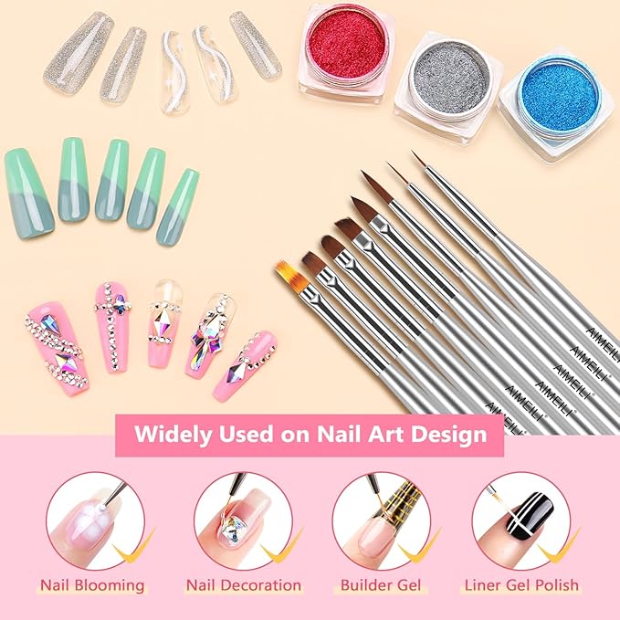 AIMEILI Nail Art Brushes for Nail Polish Gel, 8 Pcs Fingernail Art Design Pens, Dotting Pen Clean Up Liner French Nail Brush DIY Manicure Tools Gift