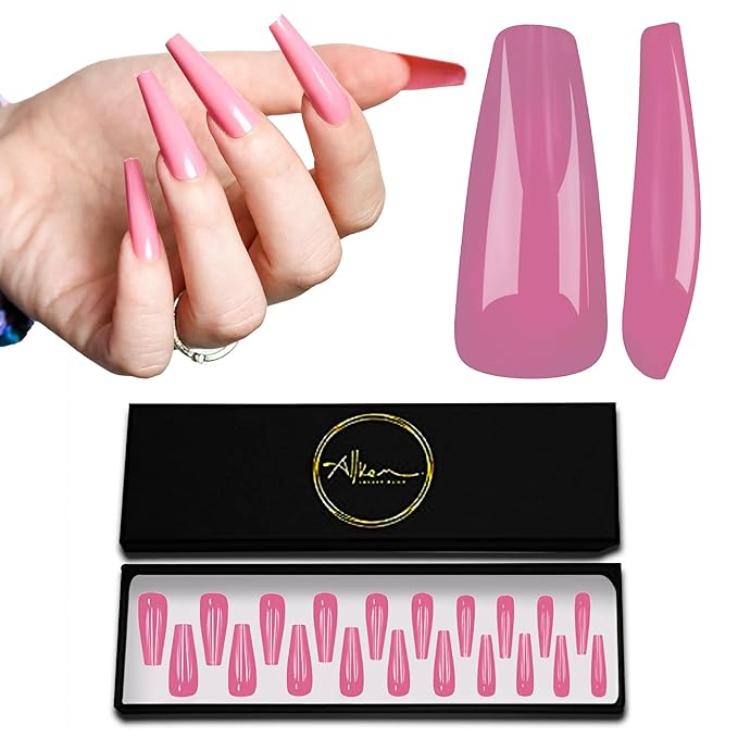 Allkem Press on Nails Extra Long Ballerina (20 Pieces) - Glossy Nail Extensions Kit - 10 Sizes Glue on Fake Nails (Rose Pink)
