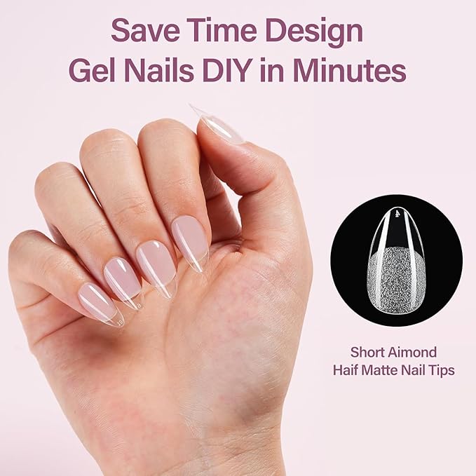 Misssix Short Almond Gel Nail Tips Kit, 360Pcs Pre Etched Clear gel x Fake Nails, Full Cover False Nail 9-in-1 Gel Glue and Portable Mini U V Nail Lamp for Women 12 Sizes