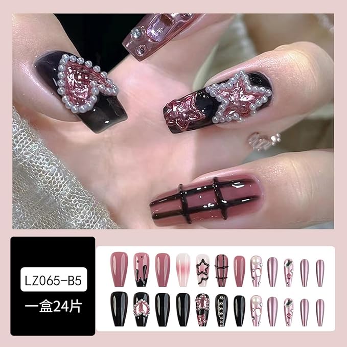 Medium Press On Nails Square False Nails Black 24pcs with Heart and Star Designs Artificial Nails Stick on Nails for Women