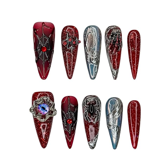 Halloween Press on Nails Luxury Red Black Fake Nails 3D Handmade Spider & Eyeball Unique Design Nail Art Thick Long Almond Halloween Spider Web Handbone Acrylic Nail for Women（Size S)