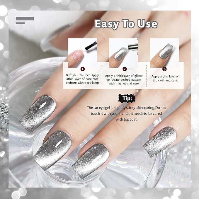 JODSONE 16.5ml Silver Cat Eye Gel Nail Polish Soak Off LED Gel Polish for Nail Art Manicure DIY Salon at Home Gift for Women